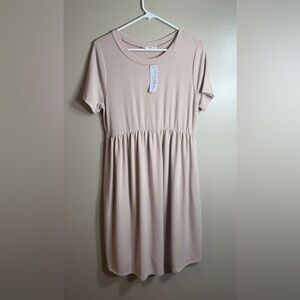 Hello Miz Maternity Dress Blush Pink Taupe Empire Waist Midi Stretch NWT Large